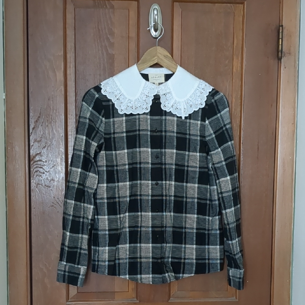 Sezane Black and Cream Plaid Button-Down Shirt with White Lace Collar